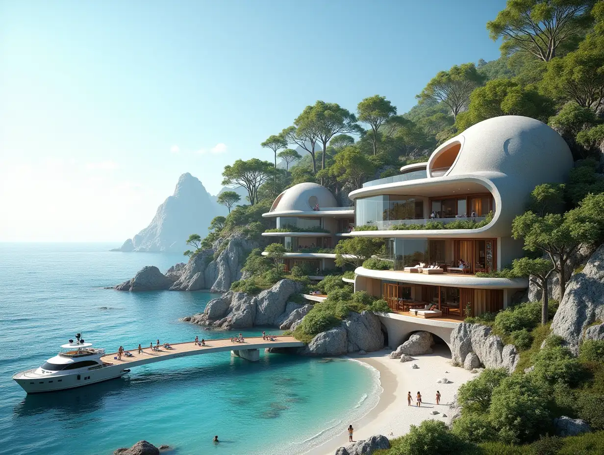 Create a high-resolution, realistic panorama image of a futuristic terrace building with snail house windows bridge, a yacht and a small beach with people, many plants and grey and brown facades with sea with waves, big trees, blue sky