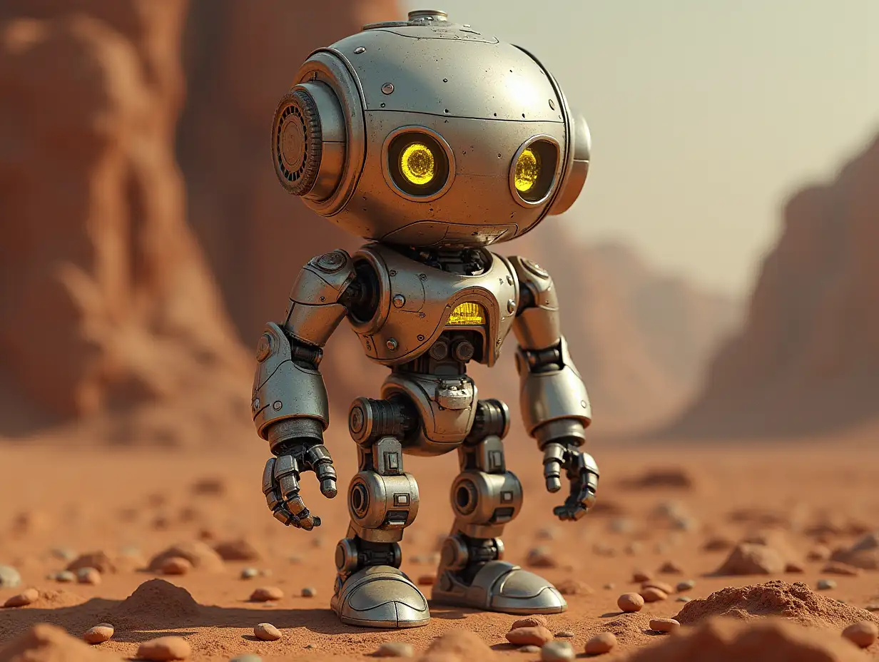 Create a high-resolution, realistic image of the artificial intelligence Robert, three meters tall, with eyes, arms and legs, with gears on his cheeks and a glass head with golden brain, screws with many glass balls on the floor, Mars 4k resolution with