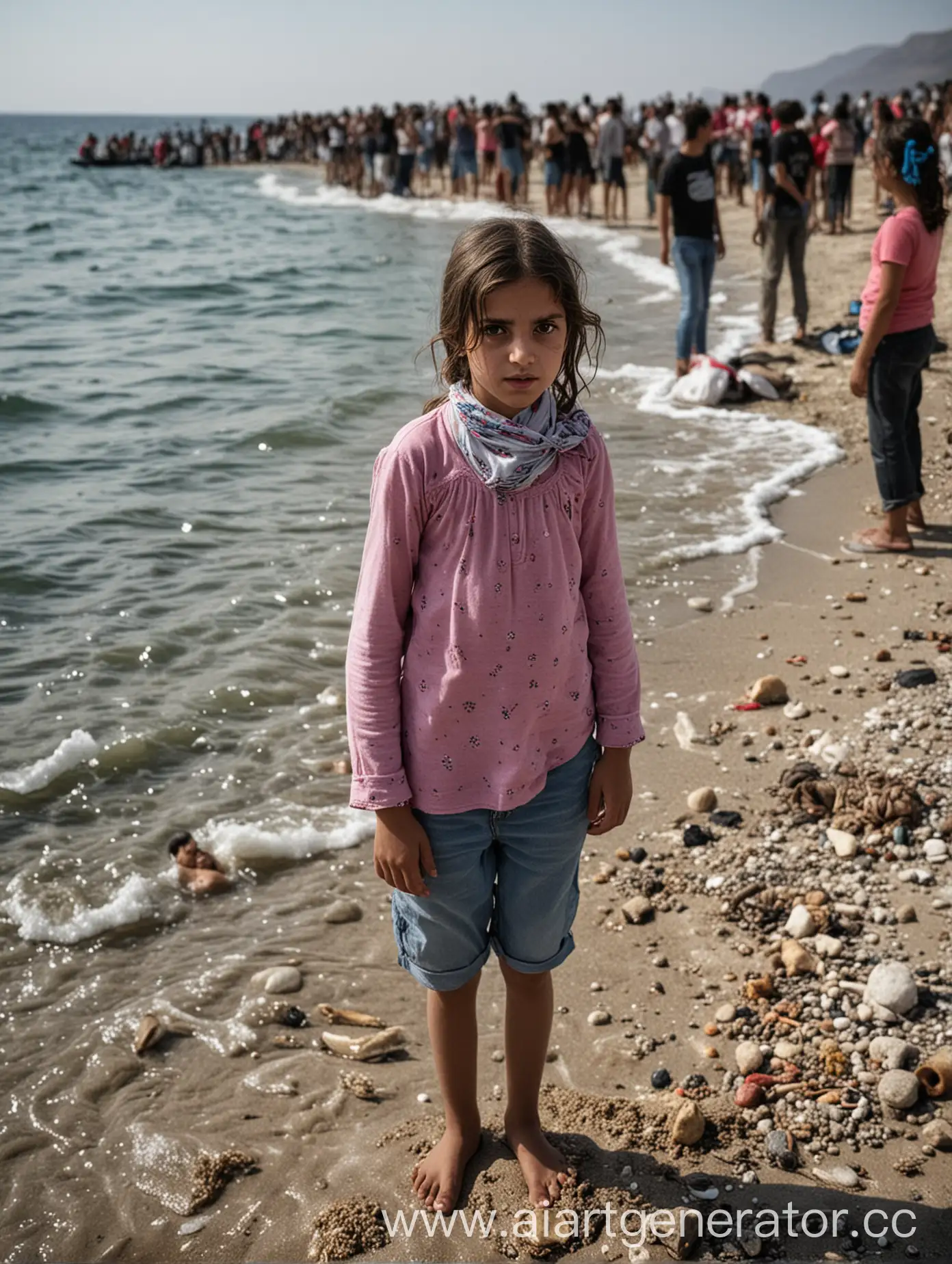 A girl stands out from a group of refugees gathered on a beach in Greece.