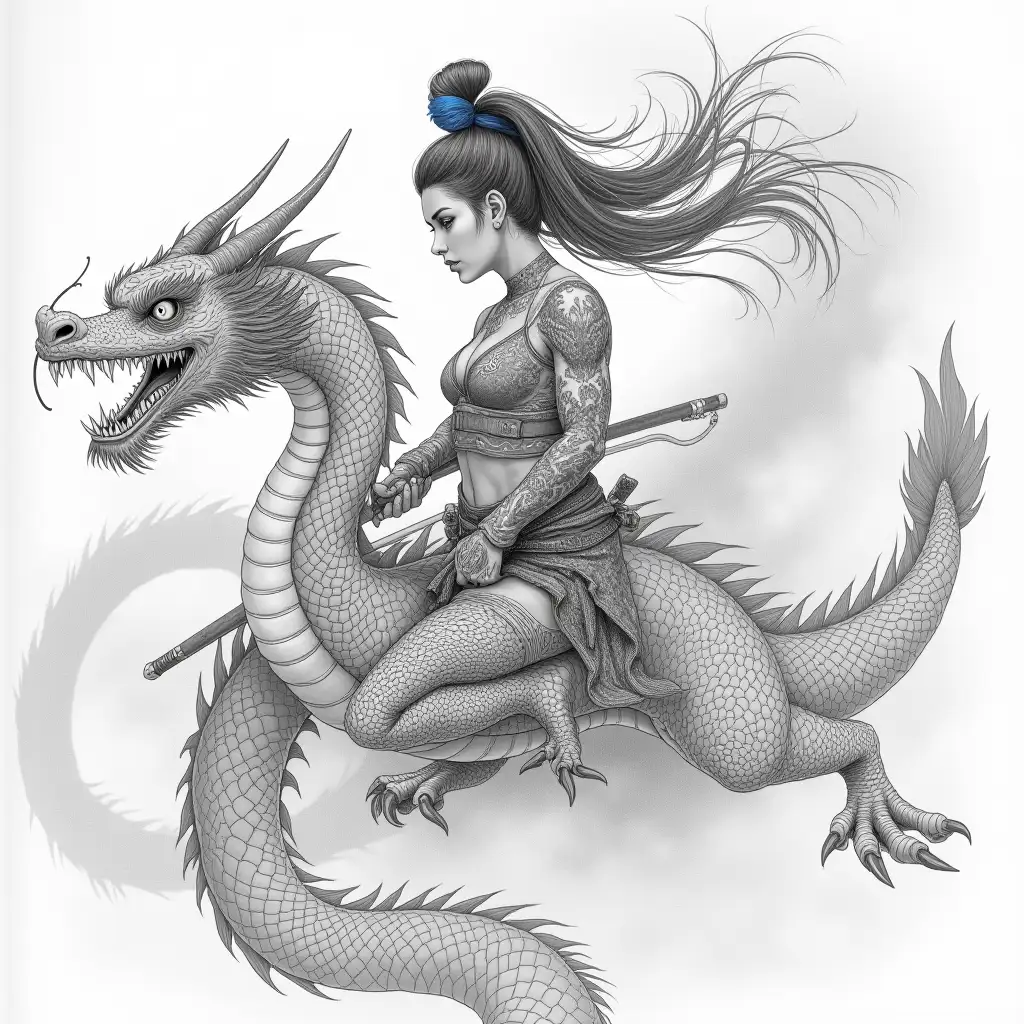 Warrior-Woman-Riding-a-Dragon-in-a-Misty-Sky