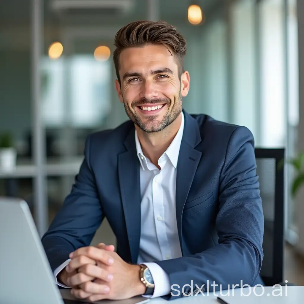 A professional, young white male business executive in his late 30s, with a clean-cut, handsome appearance, seated at his office desk. He has a confident expression and is looking straight ahead, with a modern, sleek office setting in the background. The lighting is bright and natural, highlighting his focused and composed demeanor as he embodies a successful, polished professional.