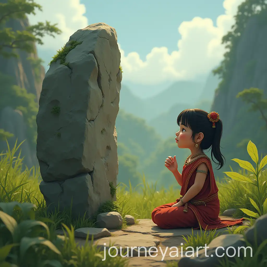Crying-Stone-Legend-Animated-Scene-of-a-Girl-Kneeling-in-Dayak-Clothing