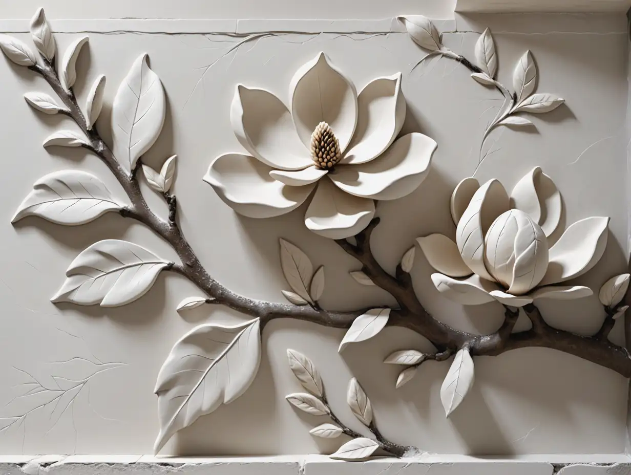 Magnolia-Branch-Gypsum-BasRelief-Wall-Art