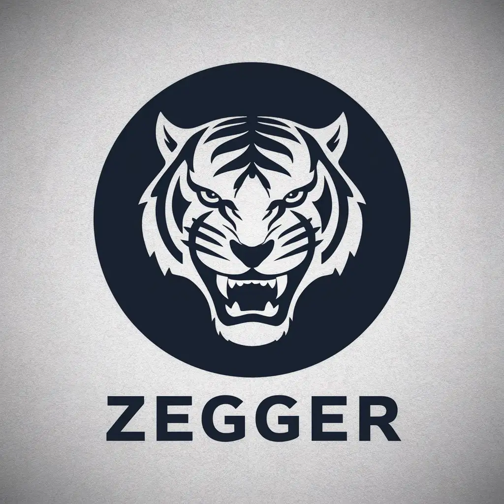 a vector logo design,with the text "ZEGGER", main symbol:snarling tiger face front in a blue circle, minimalism, blue, white, dark blue,Minimalistic,be used in Sports Fitness industry,clear background