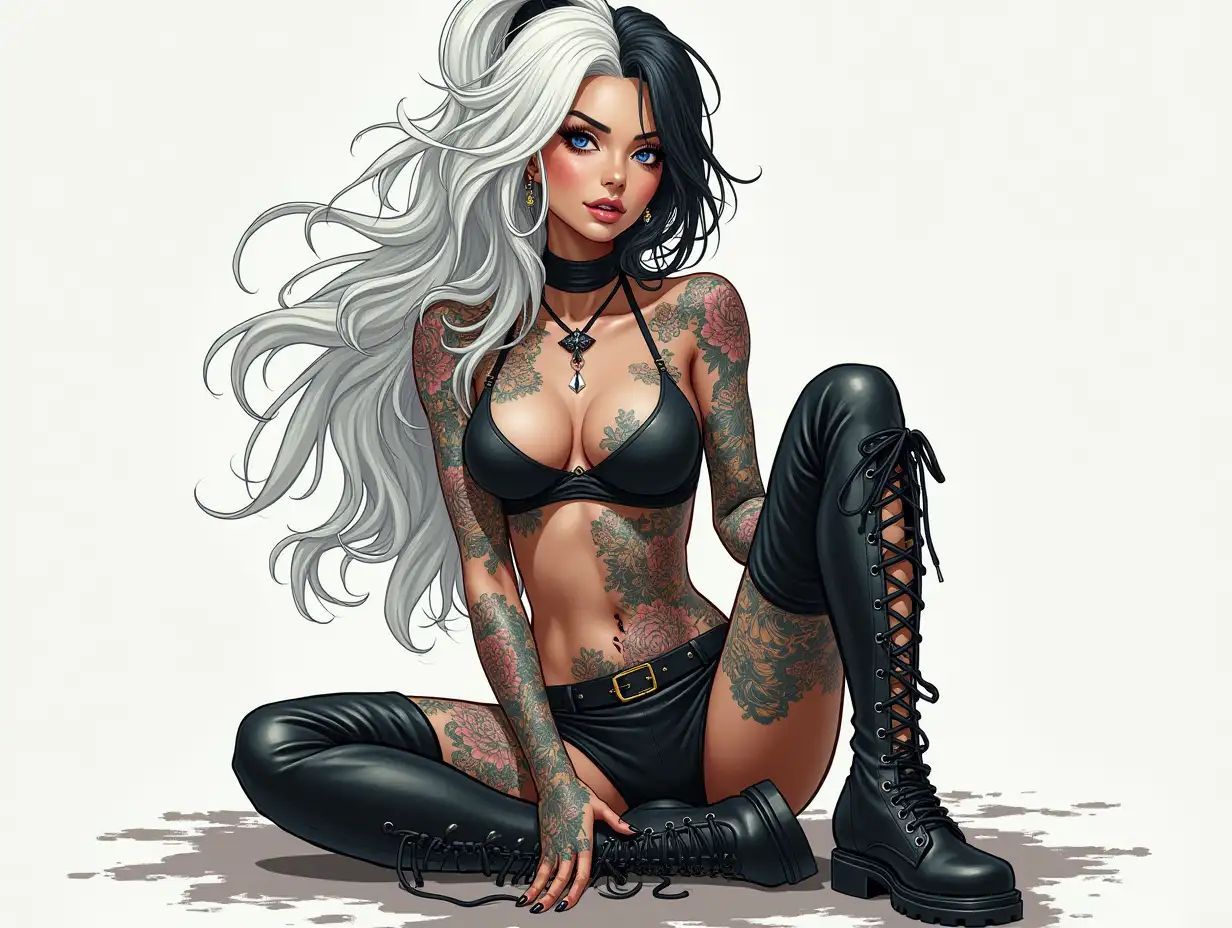 Depiction of a beautiful white woman with tattoos and long mixed white-black hair in a futuristic style and laced boots