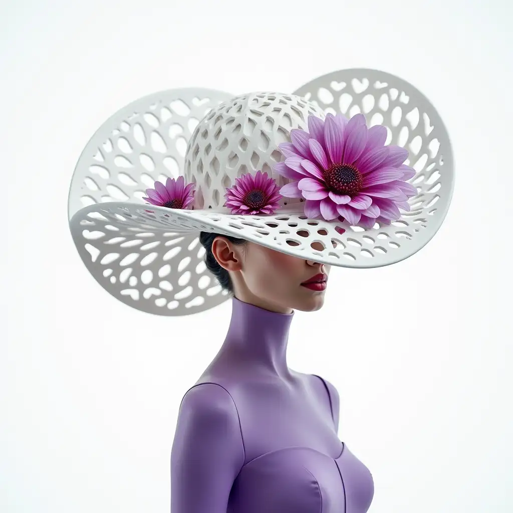 IMG_0140.DNG: generates a hyper realistic cinematic style photo of a large parametric white plaster hat with a lattice structure, the shape of the hat was designed as Los Manantiales by Felix Candela, decorated with tiny red and purple dahlia flowers of different sizes, the hat is worn by a beautiful Vogue model wearing a purple Iris Van Herpen dress, soft and bright photography, white background, hyper realistic and bright colors, dynamic, air motion, motions, masterpiece, breathtaking, max detail, highly detailed, intricate detailed, very detailed, crystalline, captivating, cinematica lighting, soft light, chiaroscuro, saturated colors, low angle, Hasselblad x2d 100c, Zeiss Distagon 18mm, high resolution, 8k, cinematic quality render, cinecolor