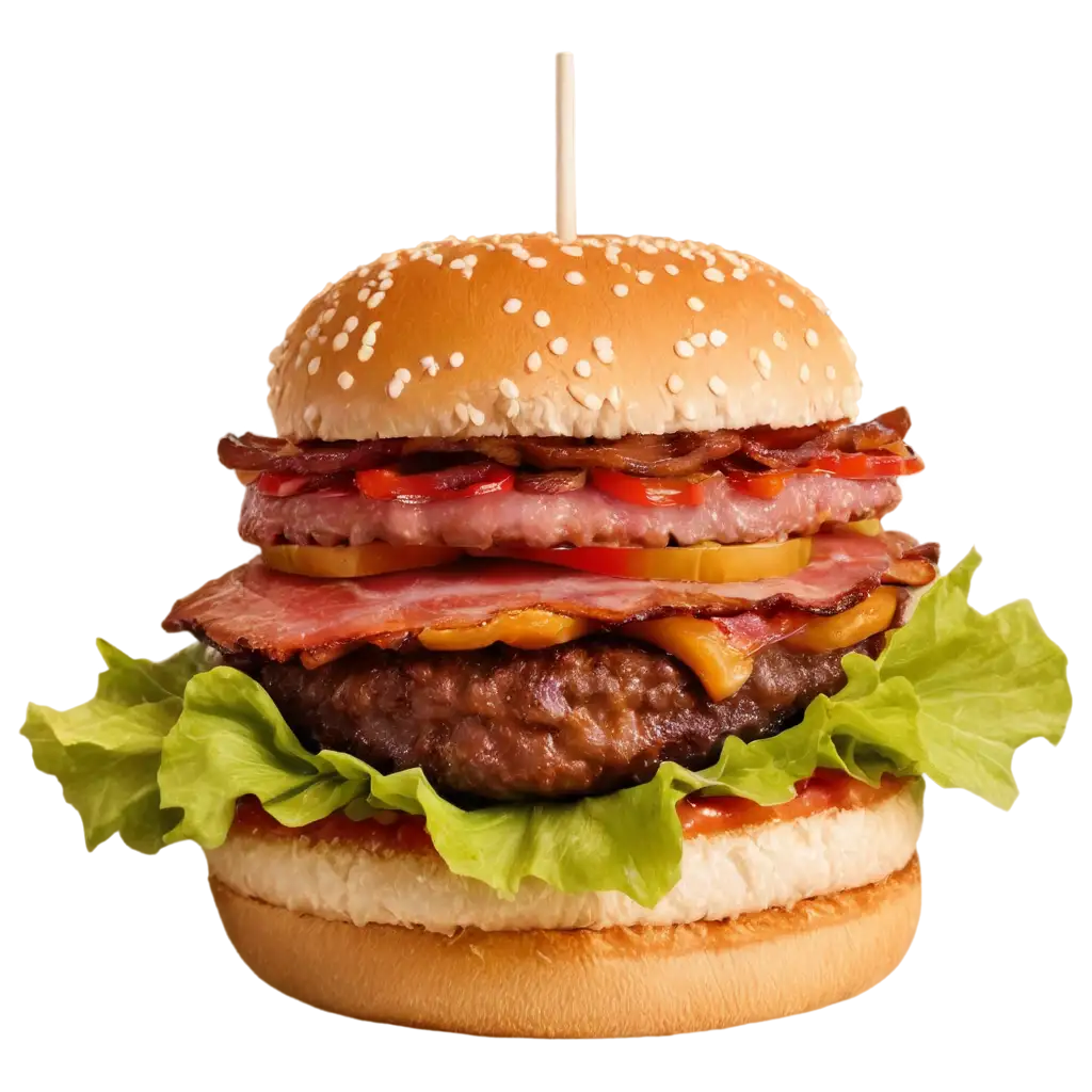 Delicious-Hamburger-PNG-with-Bacon-Lettuce-Tomato-Pickles-and-Sauces-Perfect-for-Food-Graphics