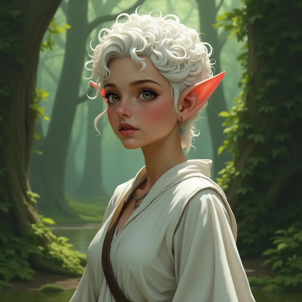 Elf girl, realistic style, pointed ears, short white curly hair, dressed in a white chiton, in full growth, forest