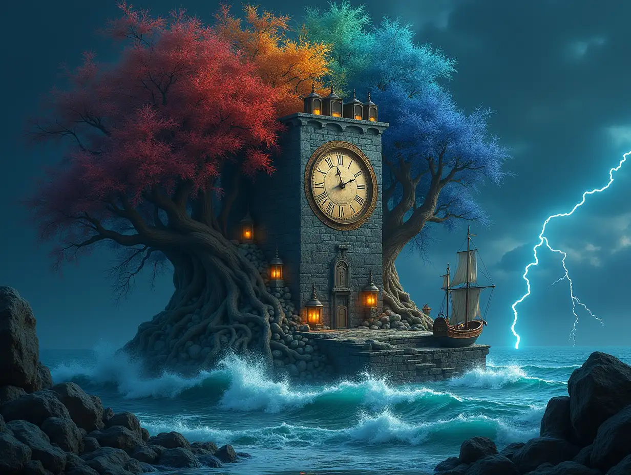 Creating a Digital painting face with rainbow hair transforms into Building with stones and lighting Trees with roots and rocks and lantern at the sea,with large Hand Clock Sailing ship with lanterns and a very large Kraken Very big Waves and Lightning strange creatures 