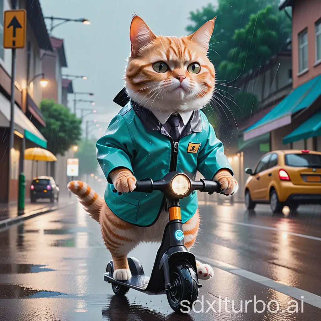 A cat wearing a work suit, riding an electric scooter, in the rainy sky, dashing on the street, getting wet, looking miserable
