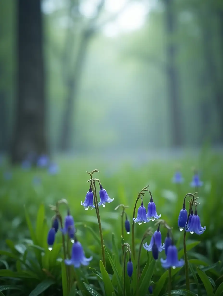 Meadow in the distance, light rain is falling, forest bluebells in the foreground, in the raindrops