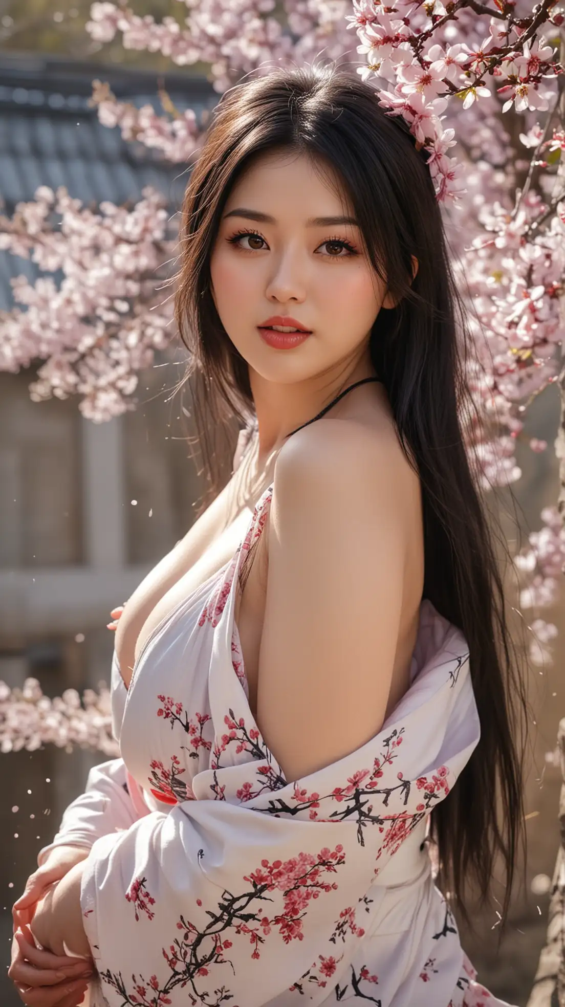 Japanese-Girl-Enjoying-Hanami-Under-Cherry-Blossoms-with-Dango-and-Falling-Petals