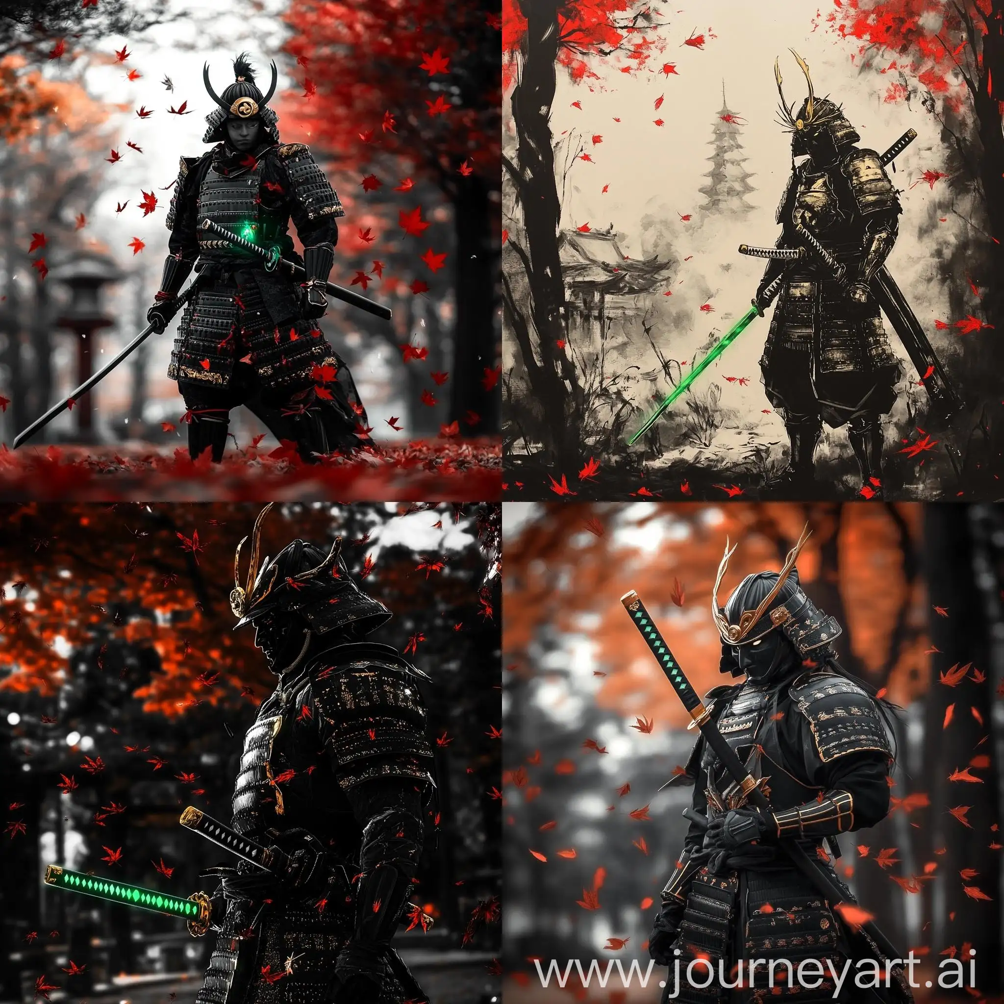 Samurai-in-Black-and-Golden-Armor-with-Glowing-Sword-in-a-Monochrome-Park-with-Falling-Red-Leaves