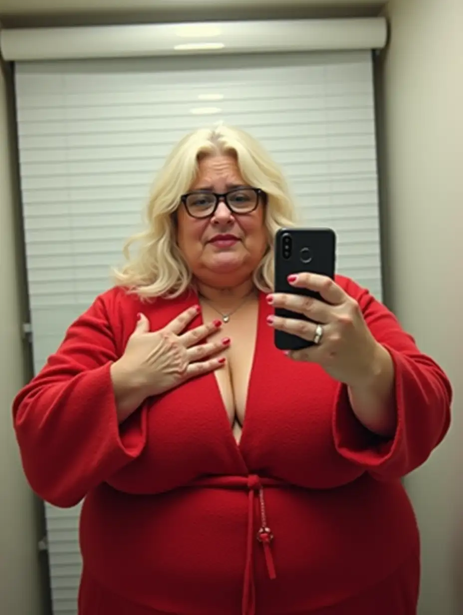 Selfie-of-a-Mature-Woman-in-a-Bright-Fitting-Room-with-Platinum-Blonde-Hair-and-Red-Bathrobe