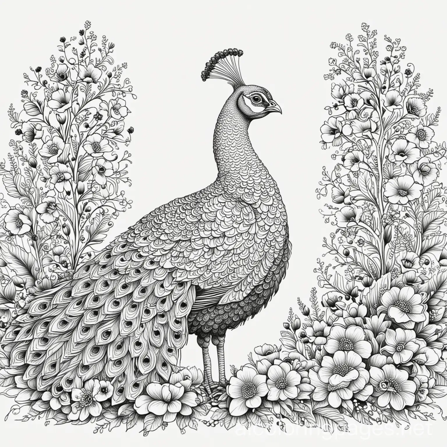 Peacock amid flowers, Coloring Page, black and white, line art, white background, Simplicity, Ample White Space. The background of the coloring page is plain white to make it easy for young children to color within the lines. The outlines of all the subjects are easy to distinguish, making it simple for kids to color without too much difficulty