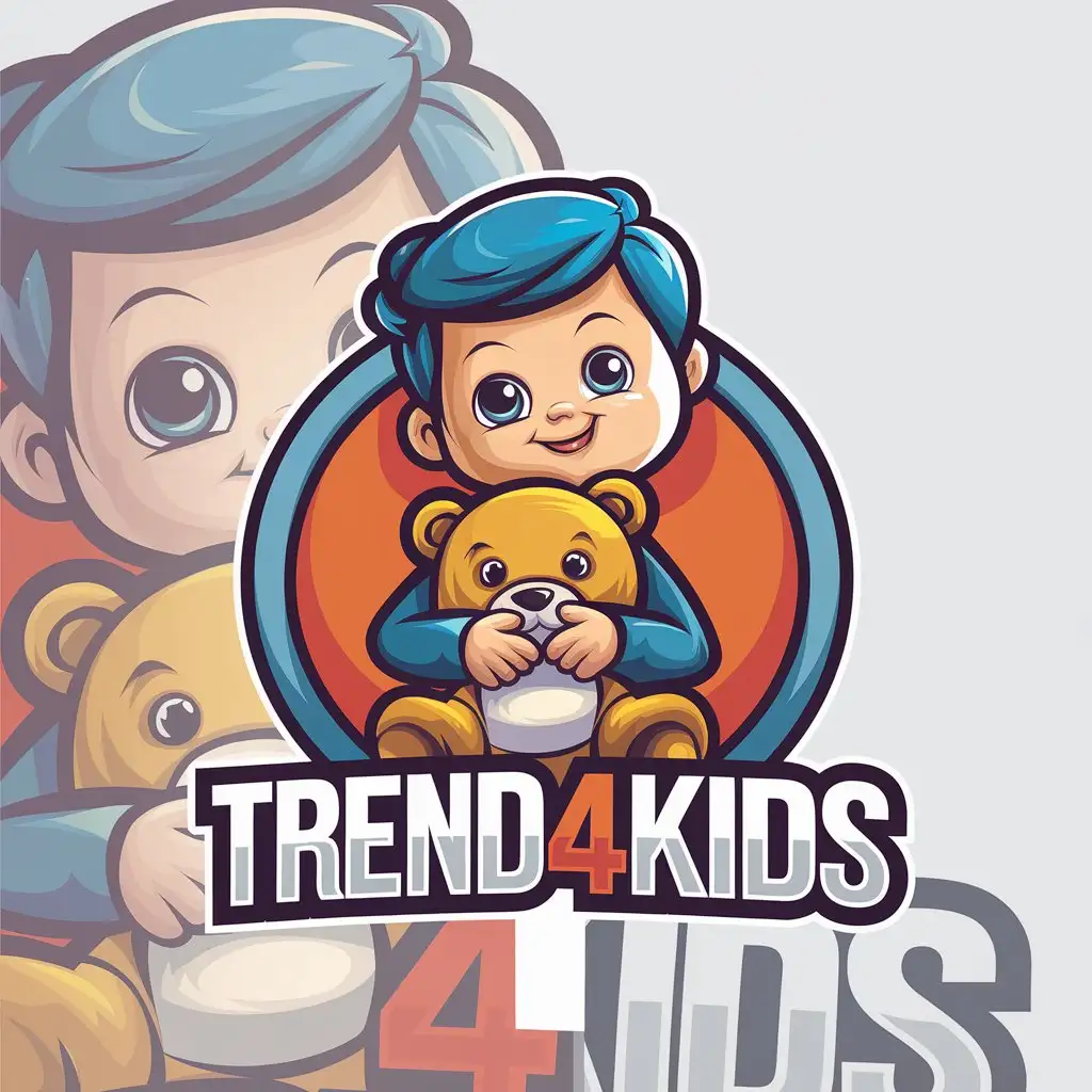 a vector logo design,with the text "Trend4kids", main symbol:Young cute boy and bear toy,complex,be used in Shop industry,clear background