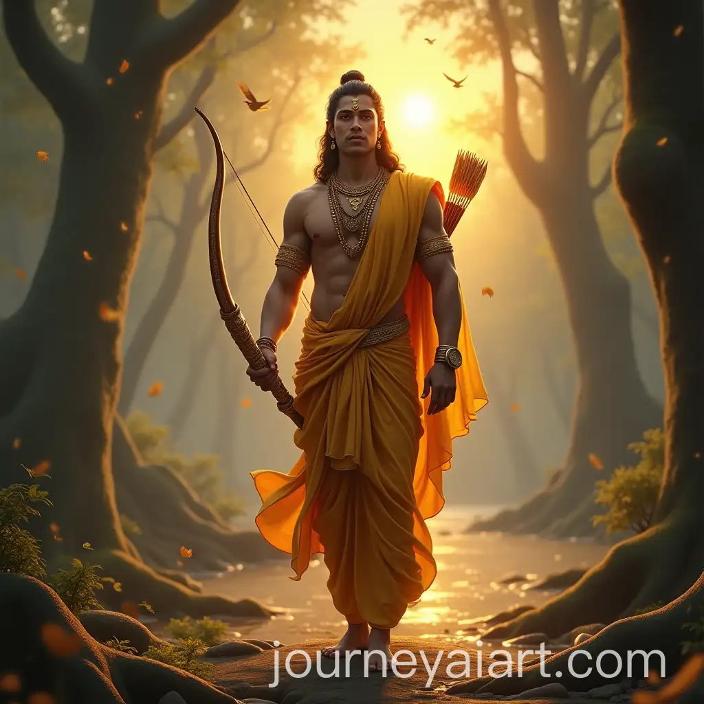 Lord-Ram-Standing-in-a-Serene-Forest-at-Sunrise-Divine-Warrior-Prince-of-Ayodhya