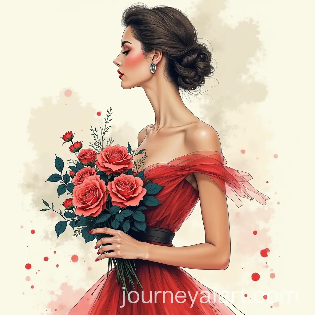 Elegant-Woman-in-Vintage-Dress-Holding-a-Bouquet-of-Roses-with-Geometric-Alcohol-Ink-Abstract