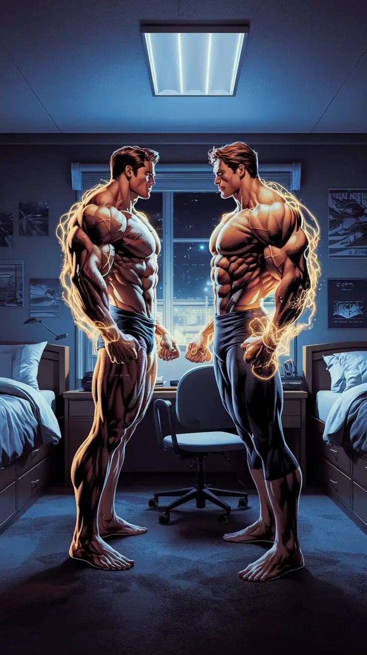 Two-Superhuman-Heroes-with-Golden-Energy-in-College-Dorm-Room-at-Night