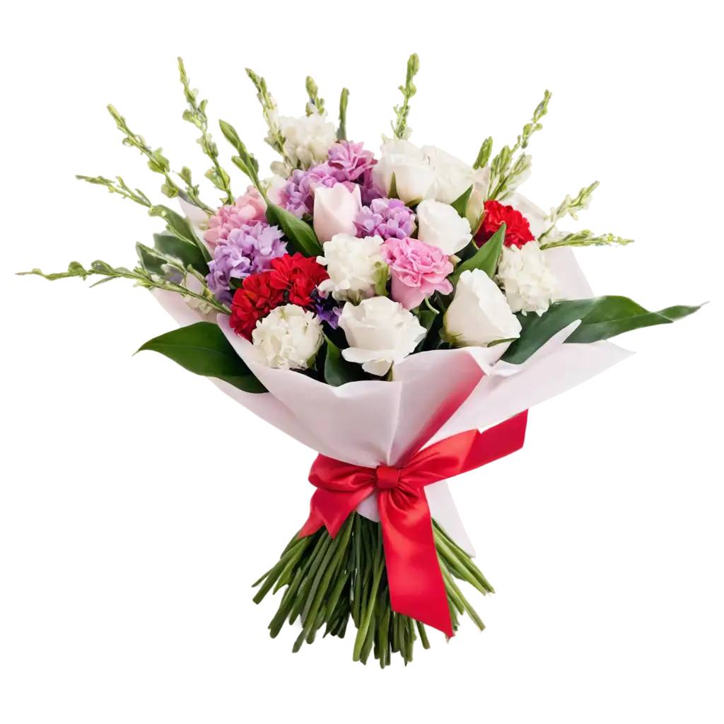 Purple and white flower bouquet with pink ribbon and red heart