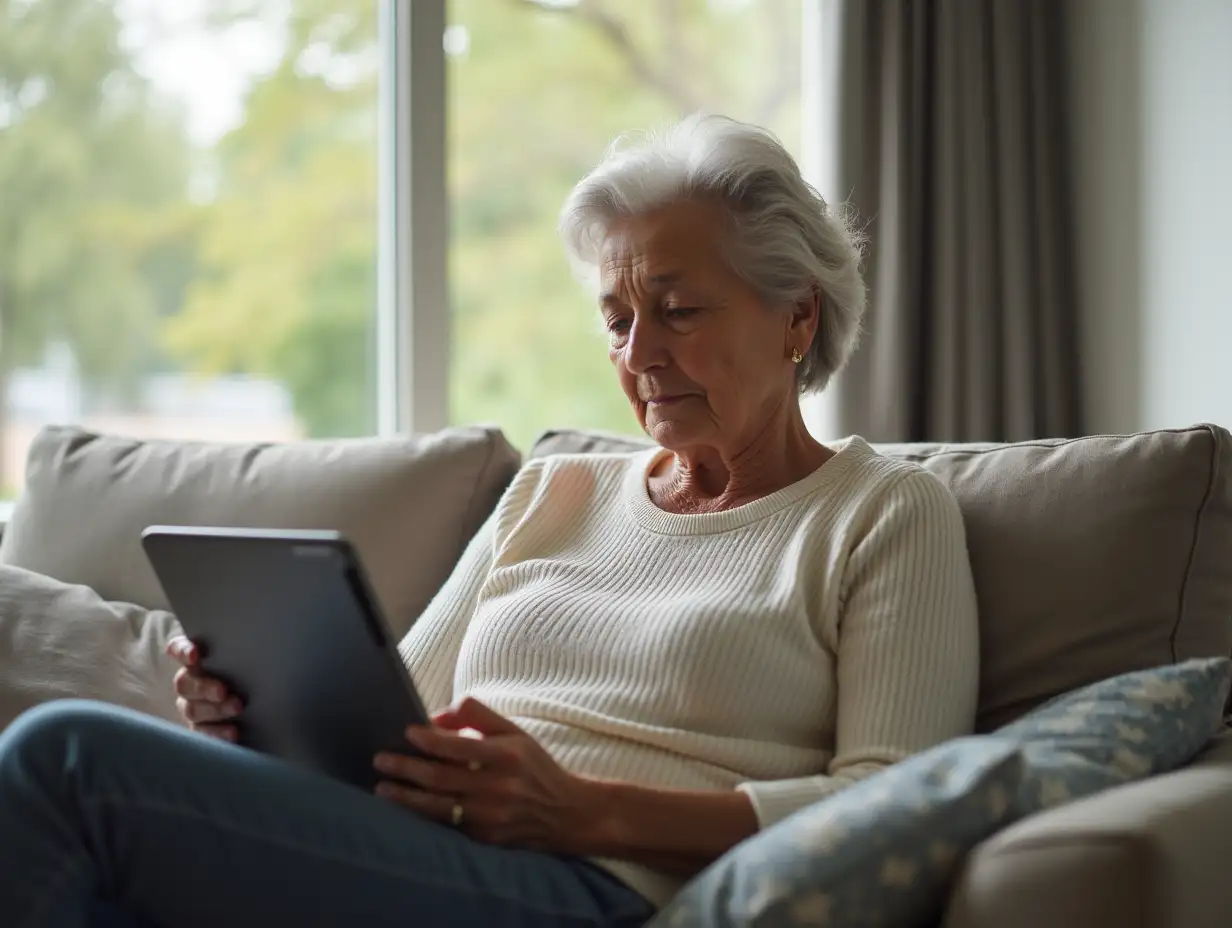 Relaxed Elderly Woman Spending Time With Digital Tablet On Couch In Living Room, Browsing Internet Or Reading News, Side View