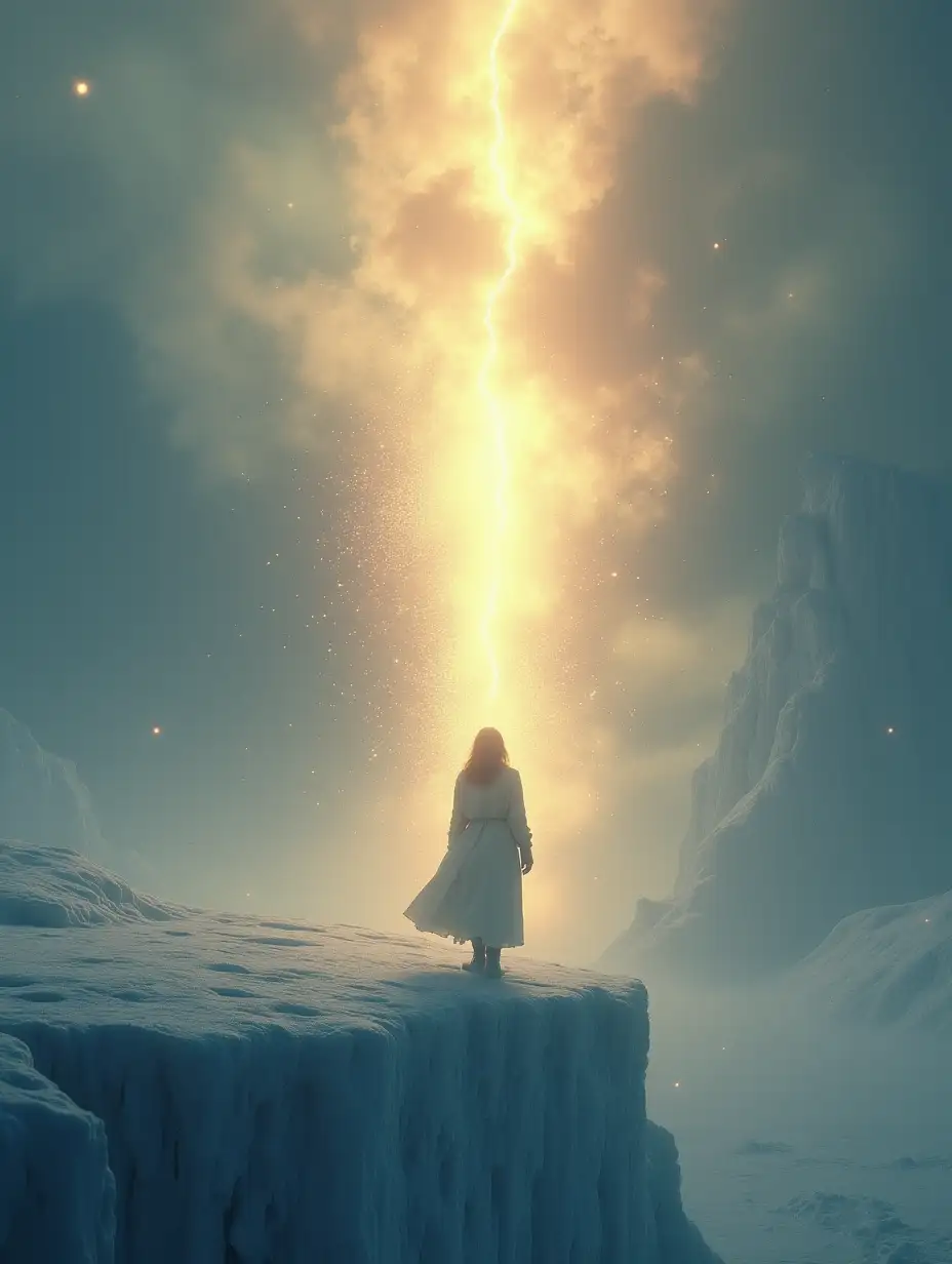 In a desolate Antarctic landscape, a lone figure stands on the edge of an icy cliff. The snowstorm around her subsides as a heavenly light bursts from the cloudy sky, bathing her in a warm golden glow. Bright particles of energy, like tiny stars, float and swirl around the figure, illuminating the ice and frozen air. The mood is epic, full of mystery and transcendence, conveying the sense of a hidden power that is about to reveal itself.