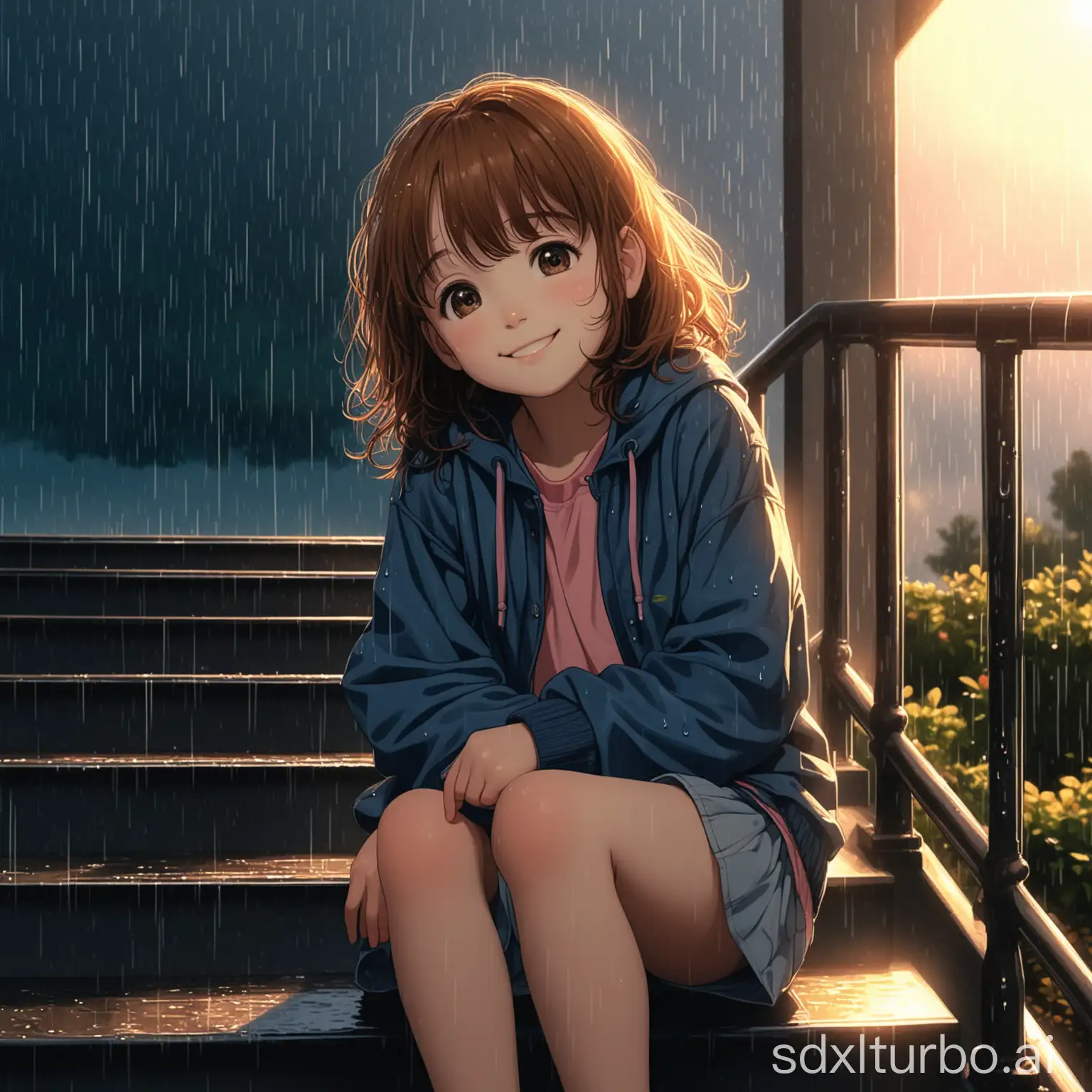 Adolescent-Girl-Leaning-on-Railing-in-Rainy-Evening-Sun