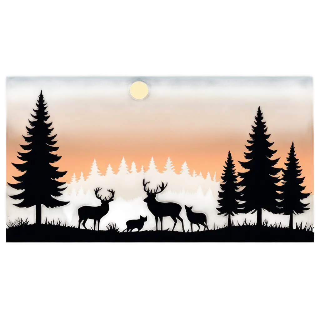 Forest Silhouette: A minimalist design featuring the silhouette of a dense forest with animals like deer or wolves hidden among the trees, set against a gradient sunset background.