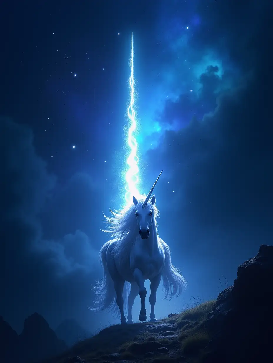 The night sky was filled with magic and enchantment, as a unicorn's horn radiated a brilliant glow, leading the way through the darkness. This image depicts a scene reminiscent of the style of 'The Lord of the Rings'. The unicorn's horn shines with an ethereal light, guiding observers on a mystical journey. The colors are vibrant and the details are impeccably rendered, creating a mesmerizing and spellbinding visual experience.