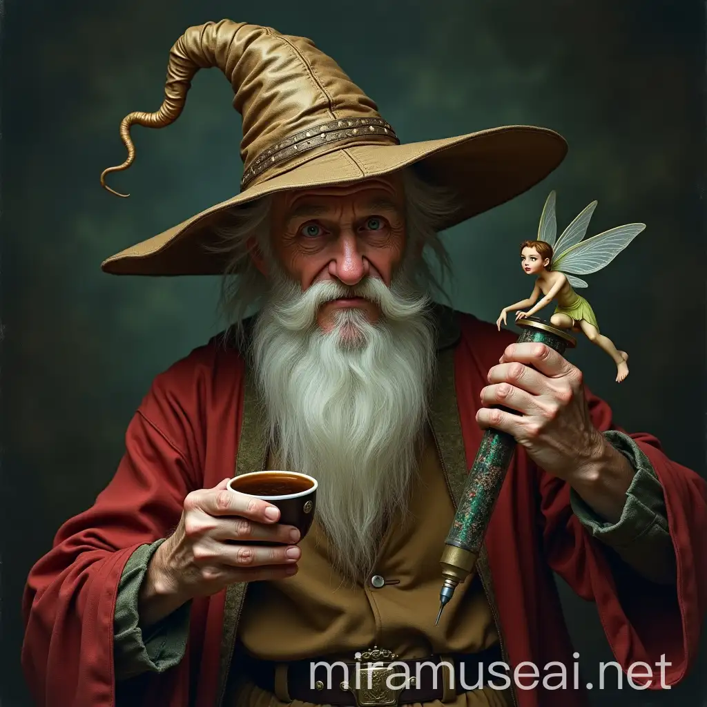 Old Wizard Injecting Coffee with Fairy on His Hat