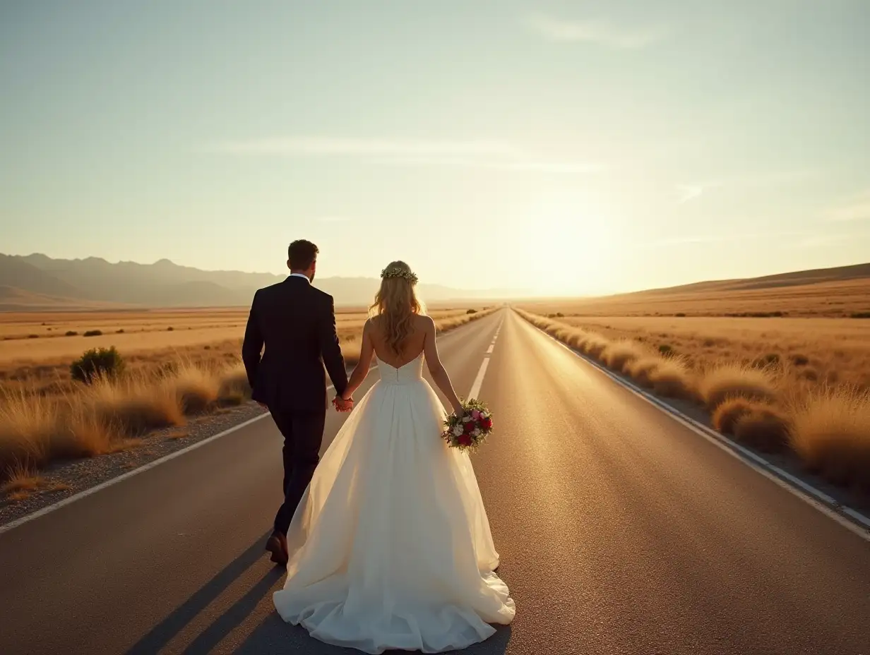 A couple - a man in a black suit and a girl in a wedding dress have just got married and are leaving along a road into a vast independent world full of joy and happiness. The image is panoramic, 360 degrees