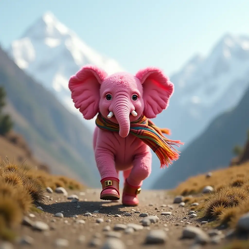 An pink elephant dog running through foothills of the Himalayas wearing wellington boots and a colourful scarf