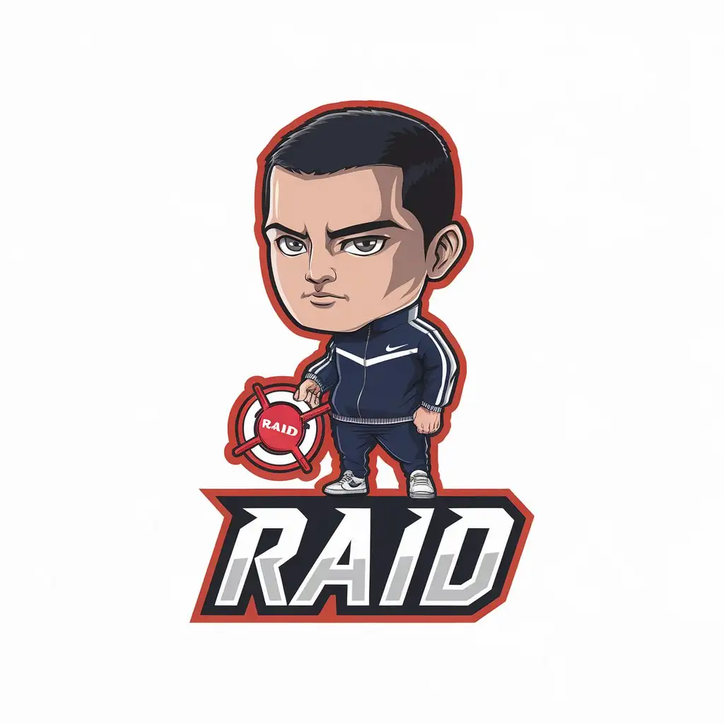 LOGO Design for RAID Chibi Character in Nike Tracksuit with Red RAID Sign