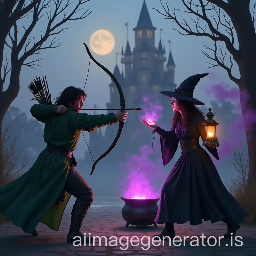 fairy tale ambiance, with a kingdom decor in the background and a royal castle, at dusk, an archer in a green tunic fights a sorceress all in black holding a lantern in her hand, with her cauldron and a magic broom that sends purple projectiles