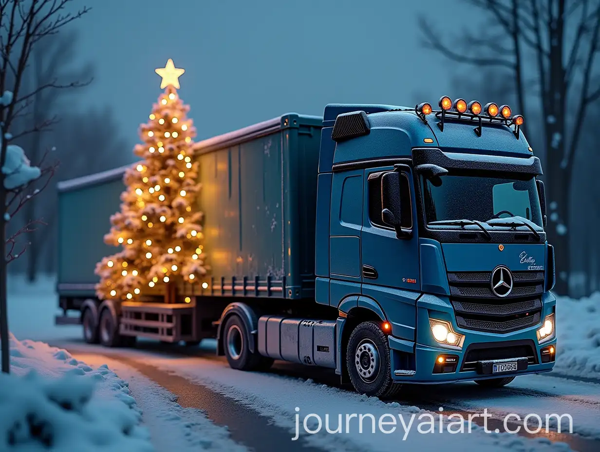 Christmas-Tree-as-Roads-Cargo-in-Dark-Blue-Mercedes-Truck-with-Map-of-Europe-Asia-and-Turkey-with-Snowflakes
