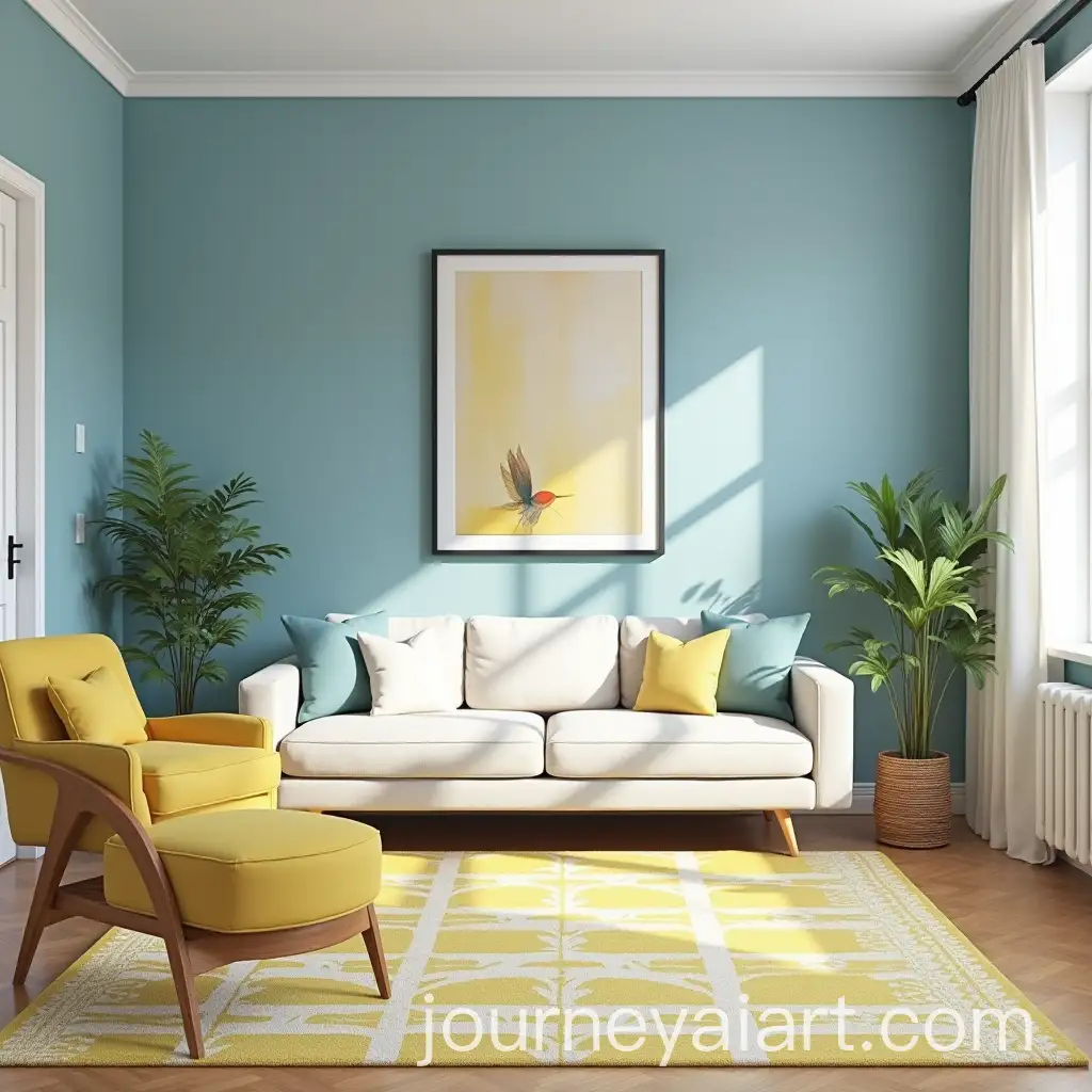 Cozy-Modern-Living-Room-with-Blue-Accent-Wall-White-Couch-and-Yellow-Armchair