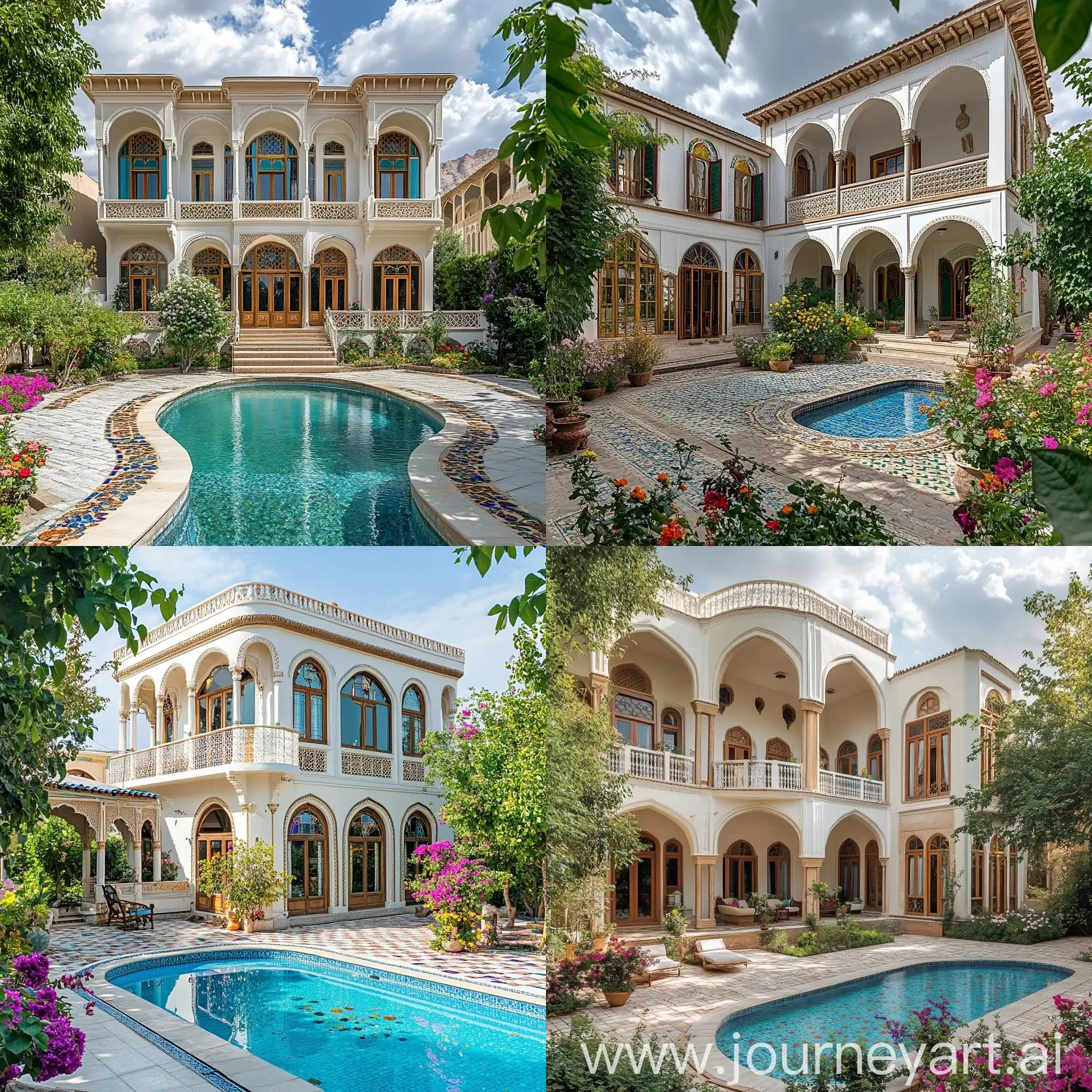 Traditional-ThreeStory-White-Persian-Mansion-with-Colorful-Sash-Windows-and-Tiled-Pool