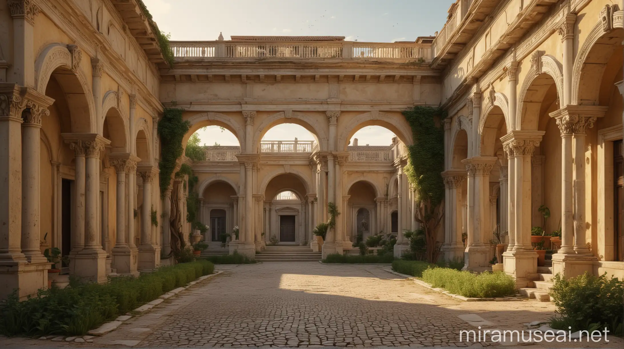 Serene Roman Outdoor Palace with Grand Arches and Lush Gardens