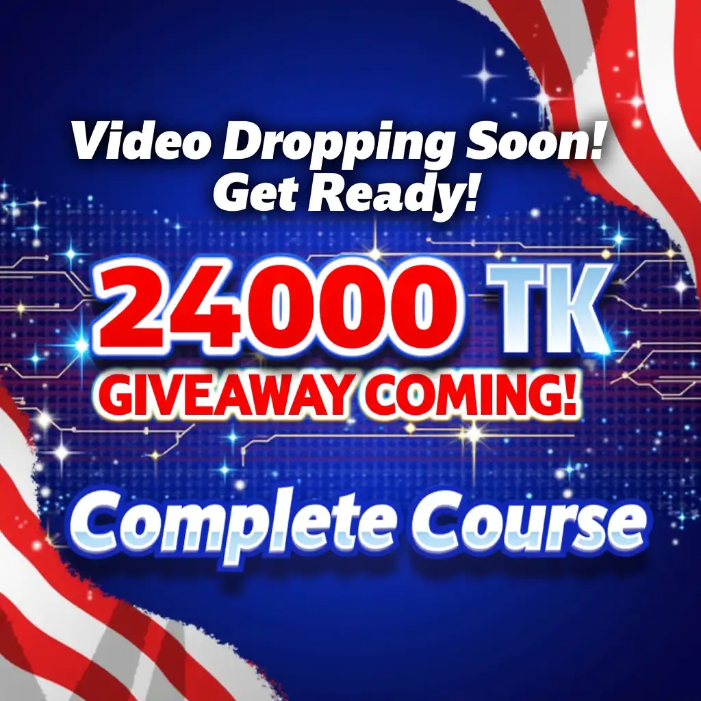 Create a bold and energetic YouTube post image, featuring the colors of the USA flag — red, white, and blue. The background should have a dynamic, modern design with waves or stripes in these colors. At the top, include large, eye-catching text that says 'Video Dropping Soon! Get Ready!' in white or blue font, depending on the background. In the center, make the announcement '24000 TK Giveaway Coming!' in a bold red font with a touch of blue shadow for depth. Below, display 'Complete Course' in sleek, white, or blue font with a starry or tech-like effect. Add subtle digital or tech elements like circuit lines or icons to match the YouTube tech theme.