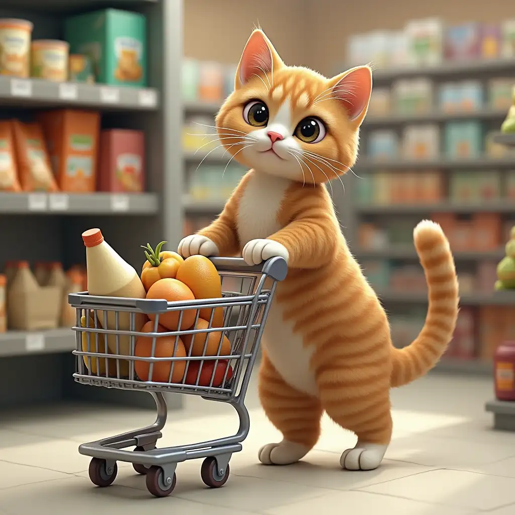 Photo of a realistic cat standing on its hind legs. The cat is standing and walking with a grocery cart filled with goods. In the background is a grocery store, and next to it is a shelf with products.