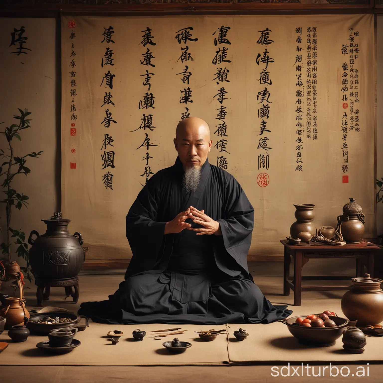 Taoist practicing alchemy and cultivating mind & body in a Chinese ancient style