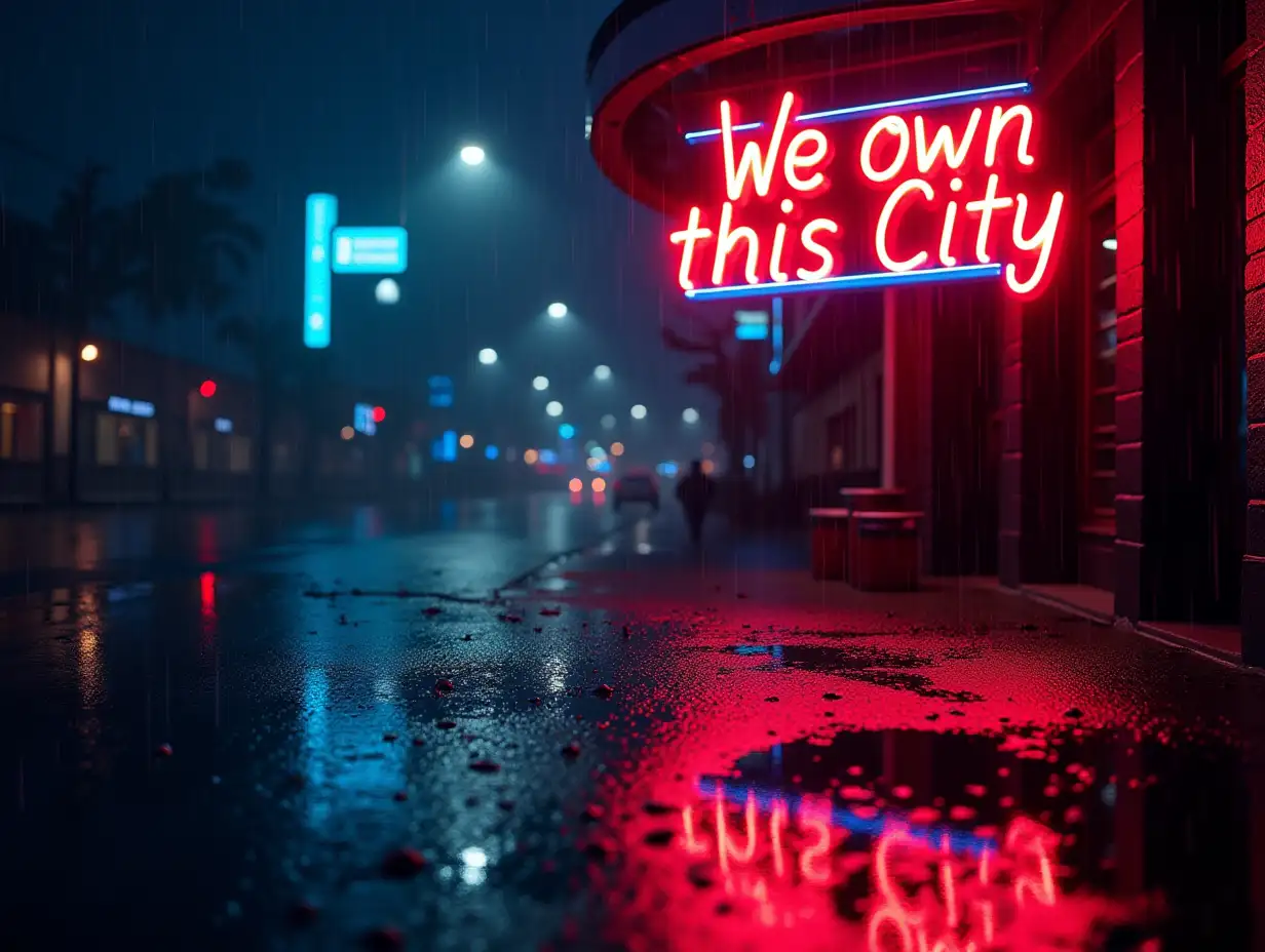 A realistic neon sign hangs in front of a club in sharp 4K quality, with bold red and blue lettering that clearly reads 'We own this City'. It’s nighttime, dark, and rain is gently falling. Droplets splash on the wet streets, and a large puddle reflects the glowing sign. The neon colors shine vividly, reflecting in the raindrops on the asphalt. The scene feels urban and atmospheric, with fine details of the rain-soaked surface and the sharp contours of the sign standing out in the high-resolution display.