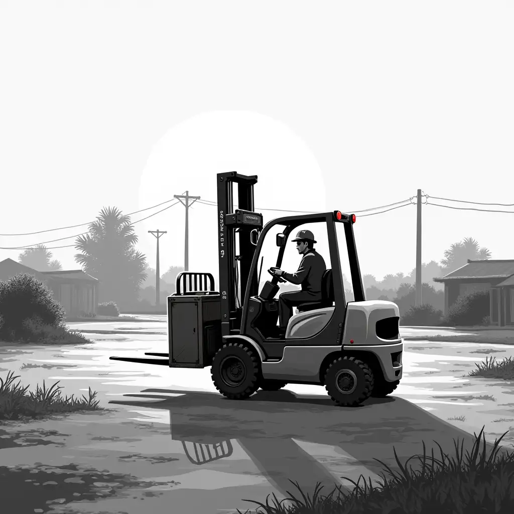 a vectorial black and white image of a little forklift on a yard uneven surface, transporting load,with sunrise in background