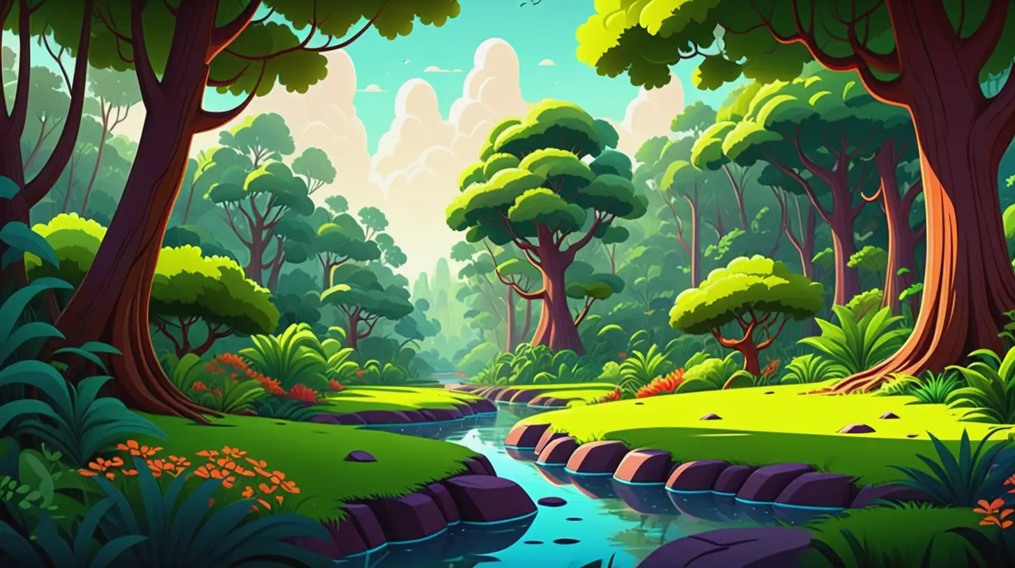 Cartoon-style landscape, Colorful, vibrant, and highly detailed 2D graphics, bright colors, and high contrast and naturalism, lively, high-resolution and high-quality, Style of Pixar & Disney, cartoon art style, cartoon illustration, cartoon vector drawing style, cartoon vector graphics, colorful cartoon game scene Asien, A light forest with dense bushes and small sunny glades, creating a warm, inviting character. 