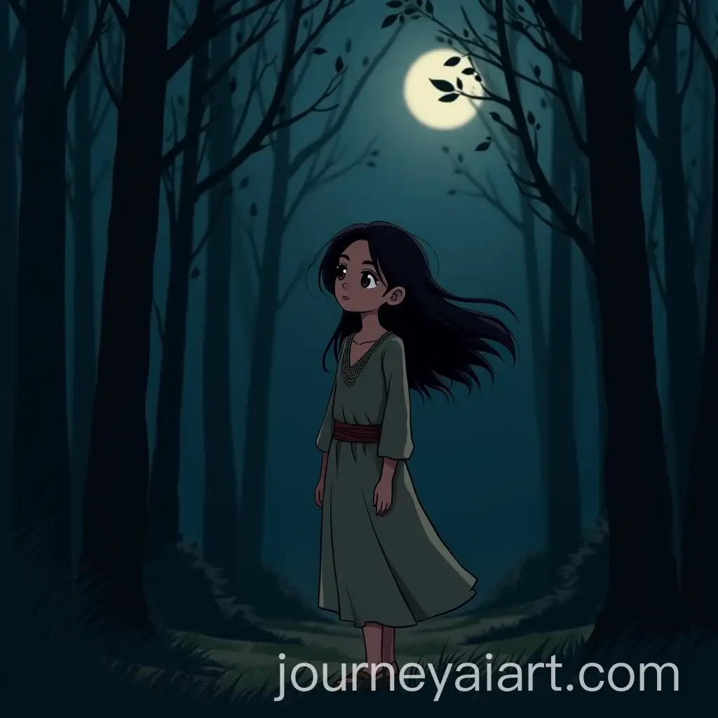 Young-Persian-Woman-Gazing-into-Moonlit-Forest-at-Night