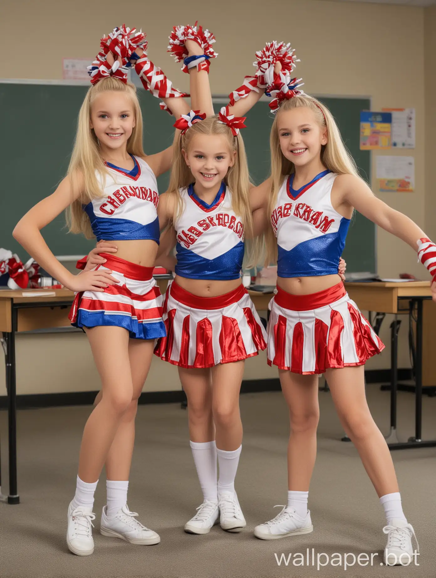 Three cute skinny 12-year-old girls long blonde hair dressed in cheer leading outfits in a classroom full length