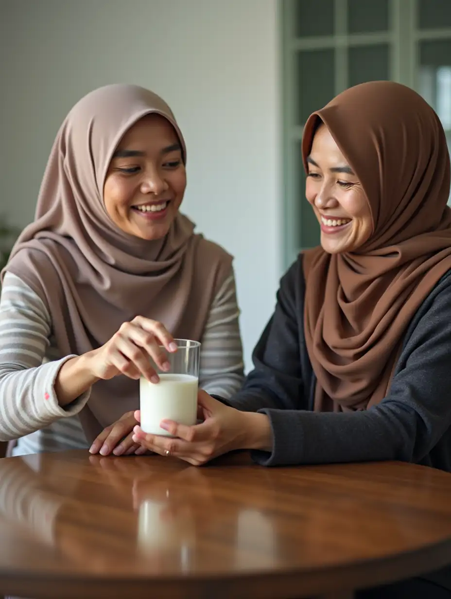 A young Malay Muslim woman is handing a glass of milk to her elderly mother. Her hijab-wearing mother smiles at her daughter's sincere care.