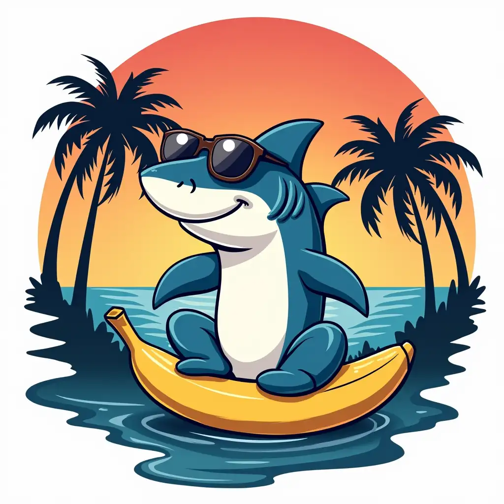 Cartoon-Shark-with-Sunglasses-on-a-Banana-in-Tropical-Landscape-Emblem