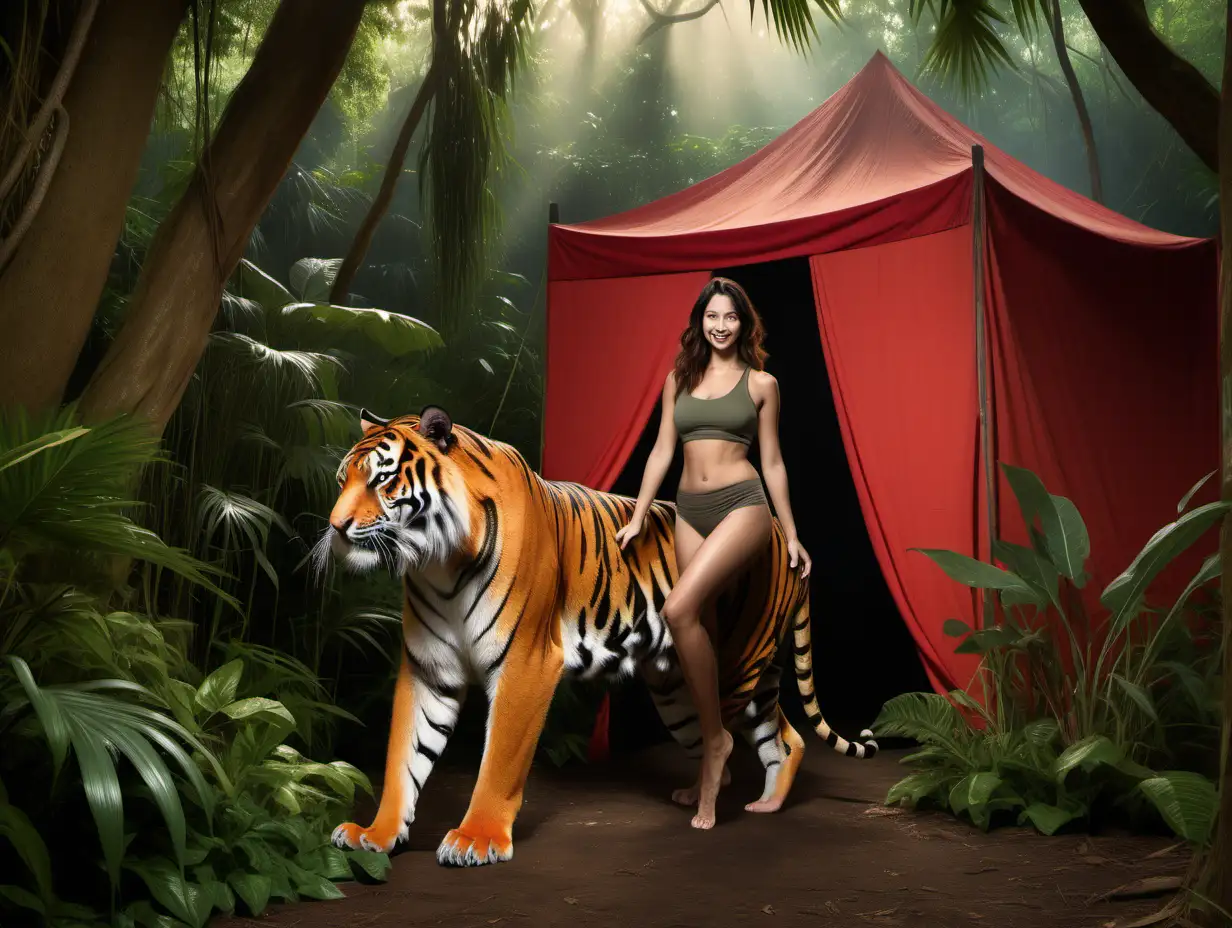 Woman-and-Sumatran-Tiger-Bonding-in-Jungle-Setting-with-Red-Tent