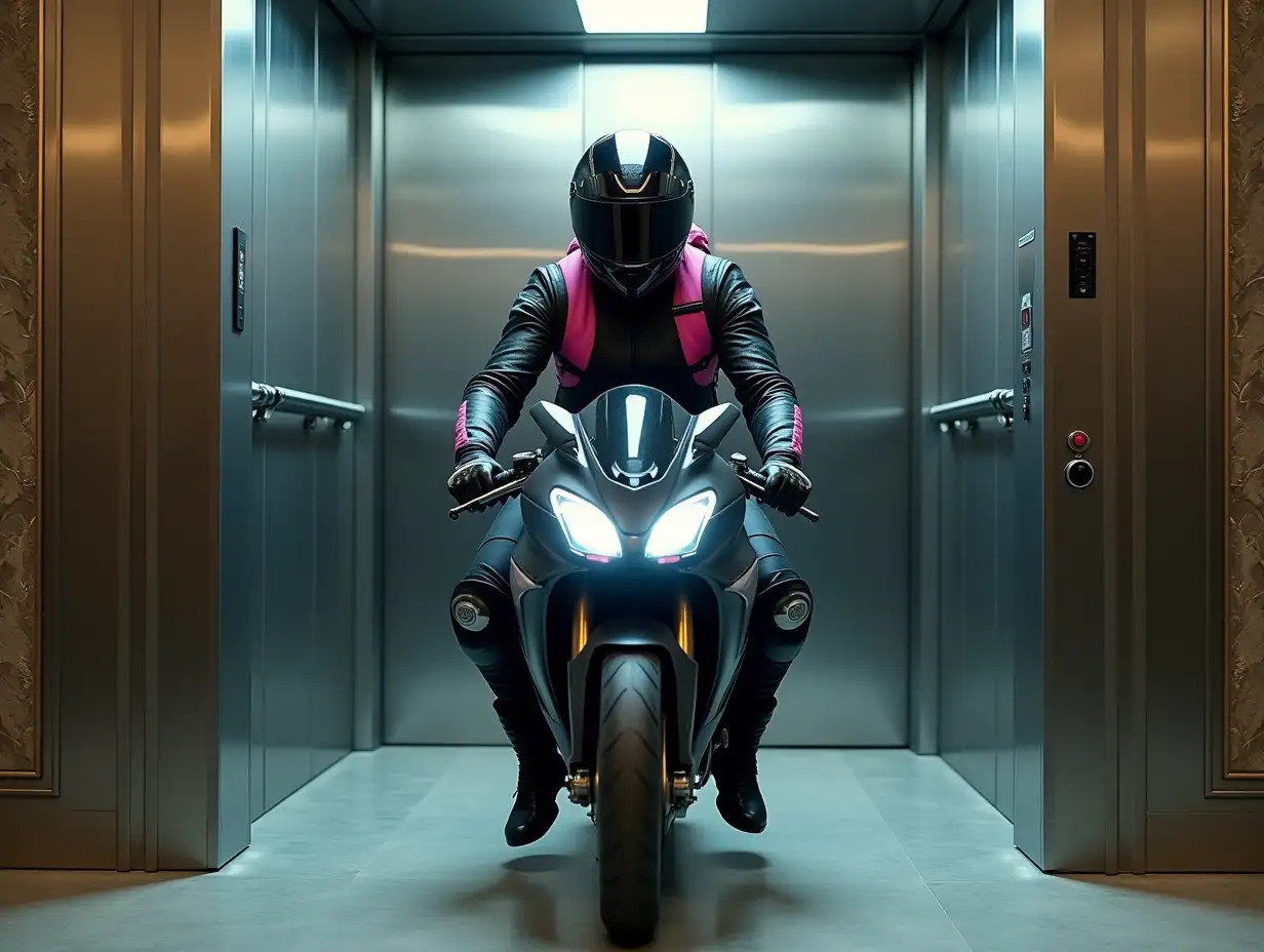 a teenage woman riding a modern speedy motorbike inside a large metallic elevator with open door, a trace of an art deco hotel hallway with crafted walls on the sides, she is entirely covered, only eyes visible, wearing a black durable racing suit with notable pink details, bulky motorbike boots, full helmet with mask and transparent visor, gloves, backpack straps, knee pads, lots of wearable gear, turned to front